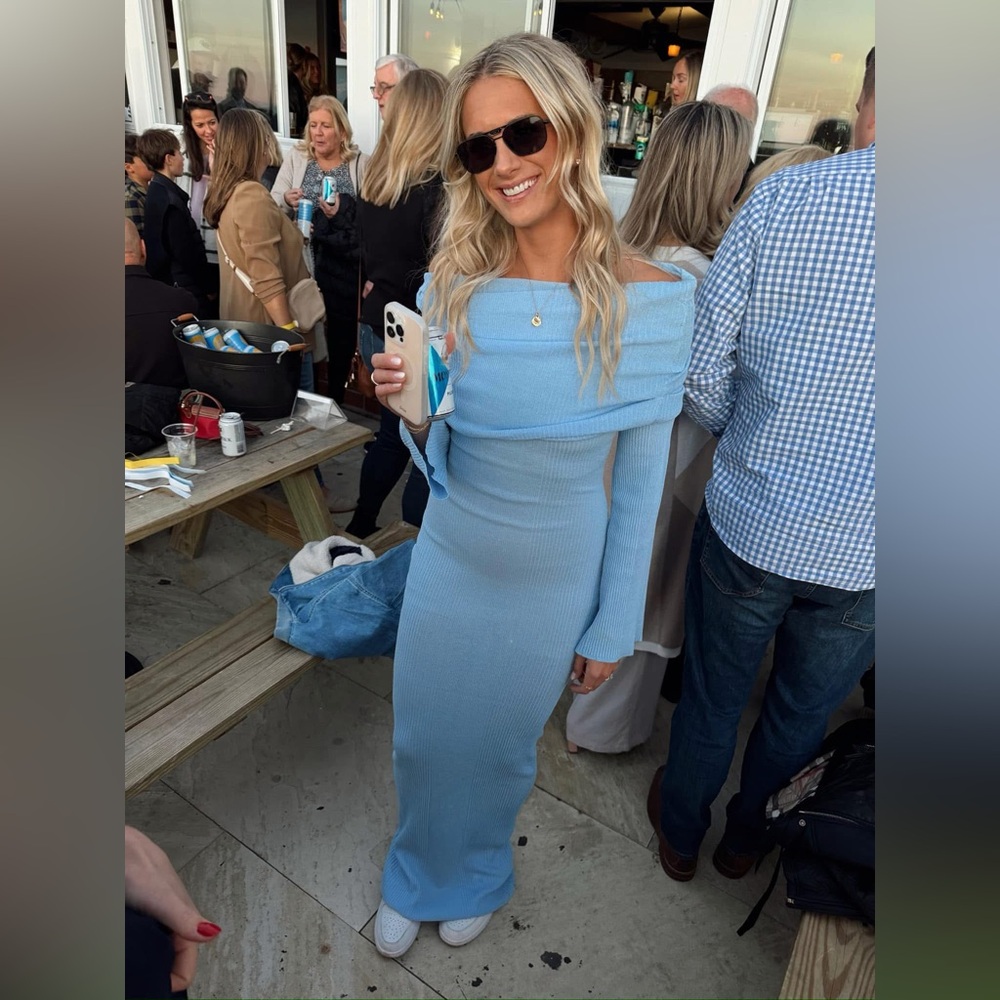 SEROYA Light Blue Off-Shoulder Knit Maxi Dress